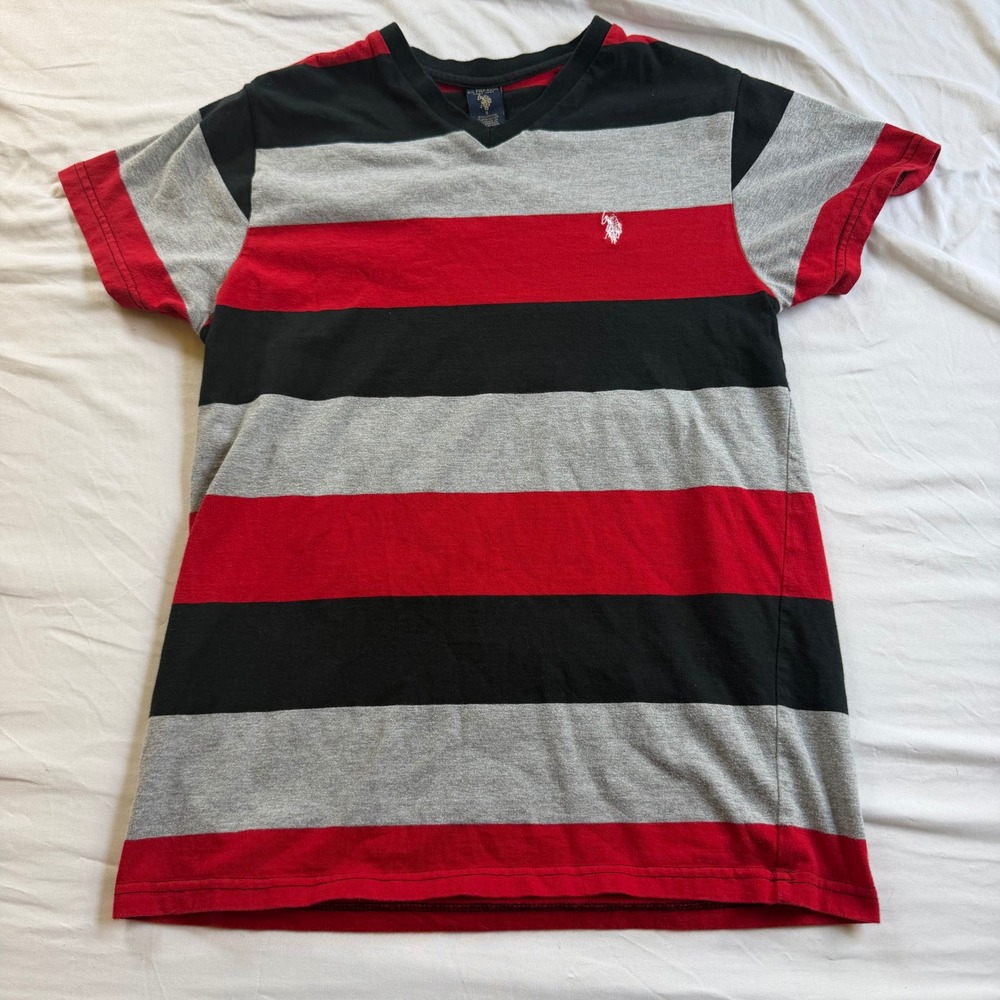 U.S. Polo Assn Striped Mens Small Short Sleeve Shirt Red/Grey/Black